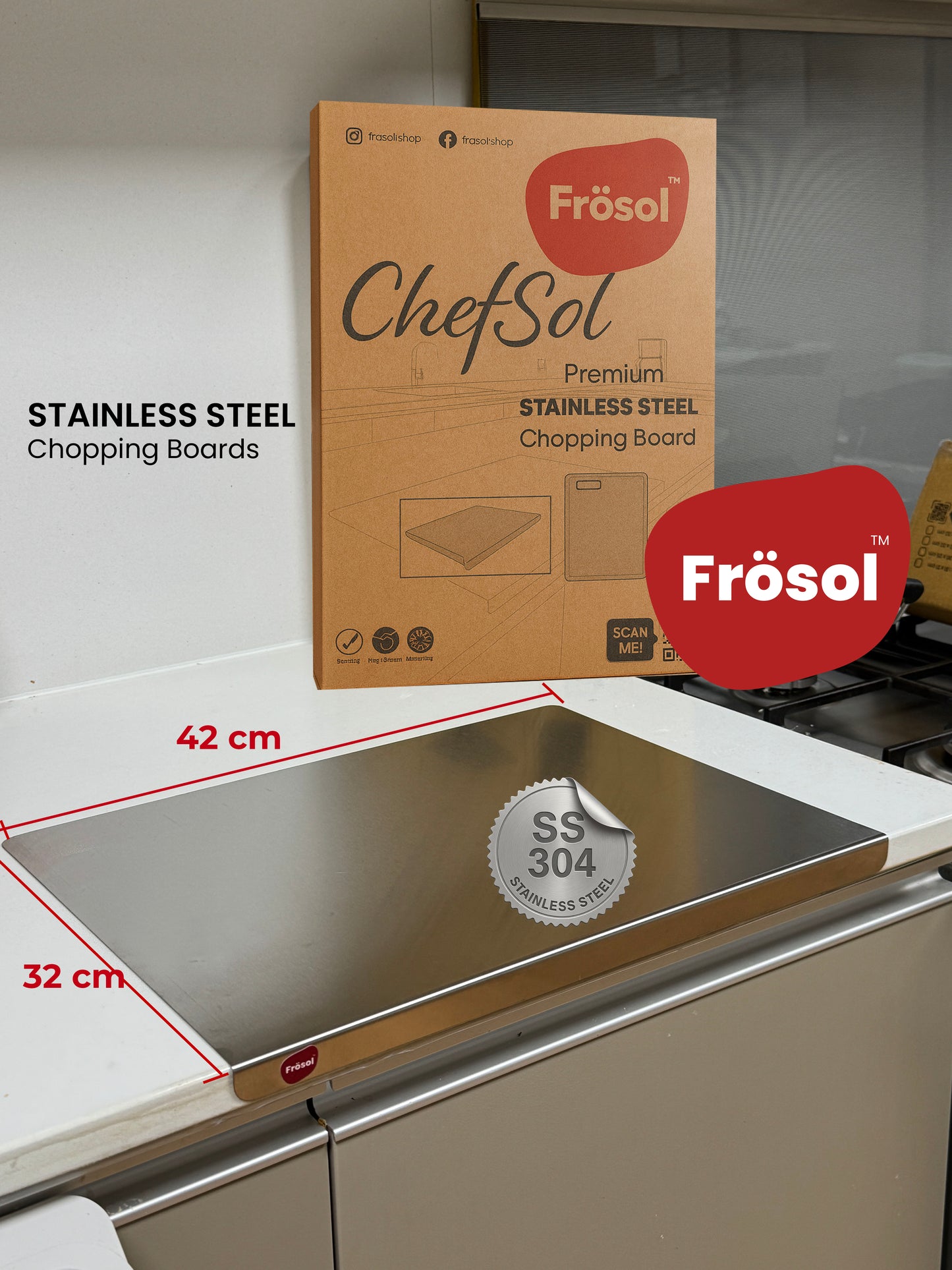 Large Lip Fit SS 304 Steel Chopping Board